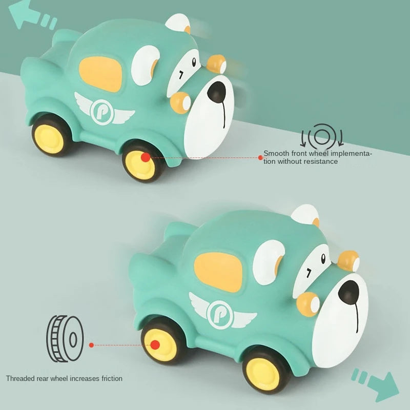 A light green pull-back toy car with a smooth front wheel and a threaded rear wheel, demonstrating friction features.