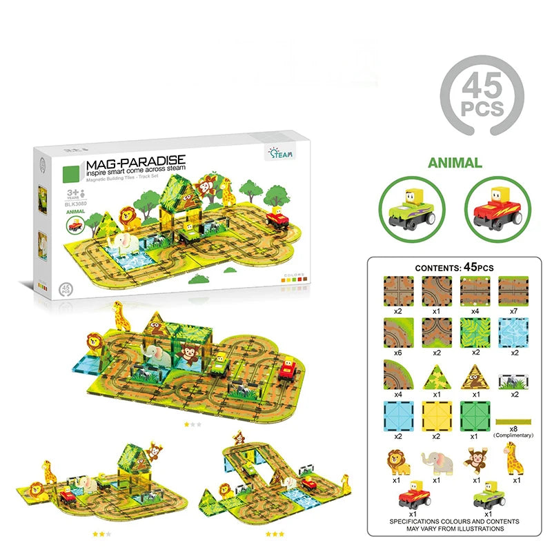 A box of Mag-Paradise magnetic building tiles featuring a road and rail set with an electric car.