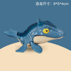 Blue finger dinosaur fidget toy with movable joints resembling a tyrannosaurus