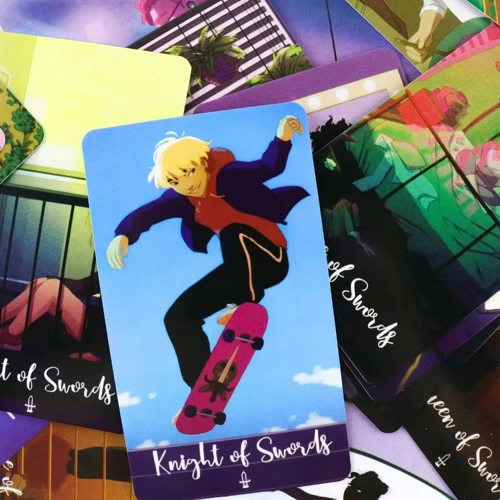 A Knight of Swords oracle card featuring a blonde figure in a purple jacket riding a pink skateboard against a blue sky.