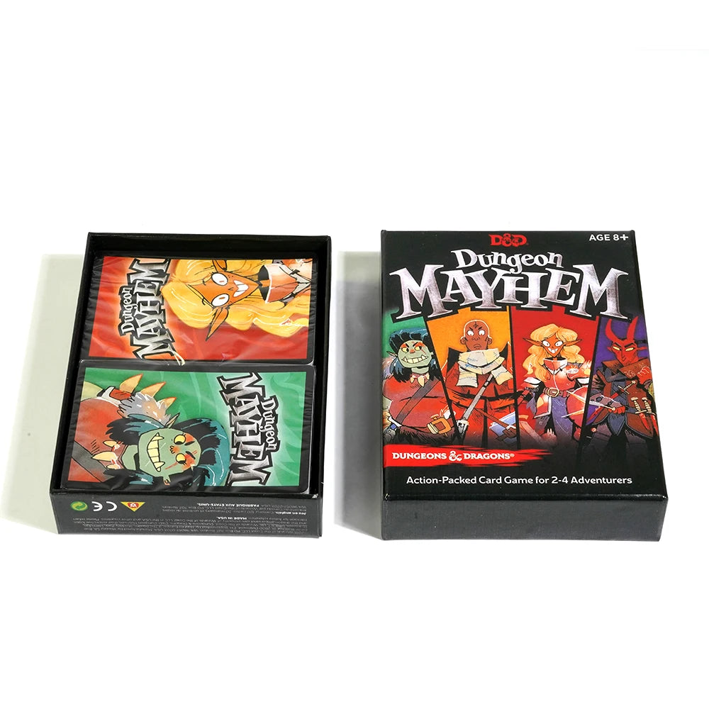 Box of D&D Dungeon Mayhem card game featuring monster adventures and artwork.