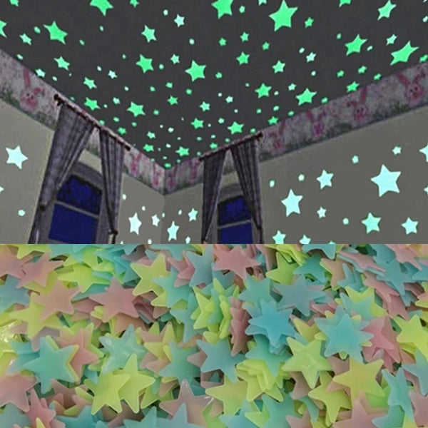 A close-up of glow-in-the-dark 3D star wall decor stickers in various pastel colors covering a surface.