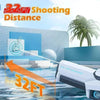 A white electric water blaster is shown firing a stream of water at a target, demonstrating a 32ft shooting distance.