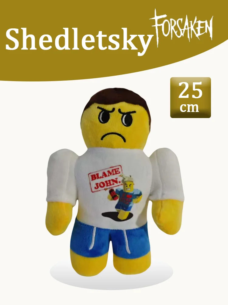 A yellow plush toy resembling a character from a slasher game, with the text Shedletsky Forsaken visible above it.