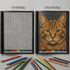 A comparison showing a black and white pixel art book before and after coloring, featuring a cat image.