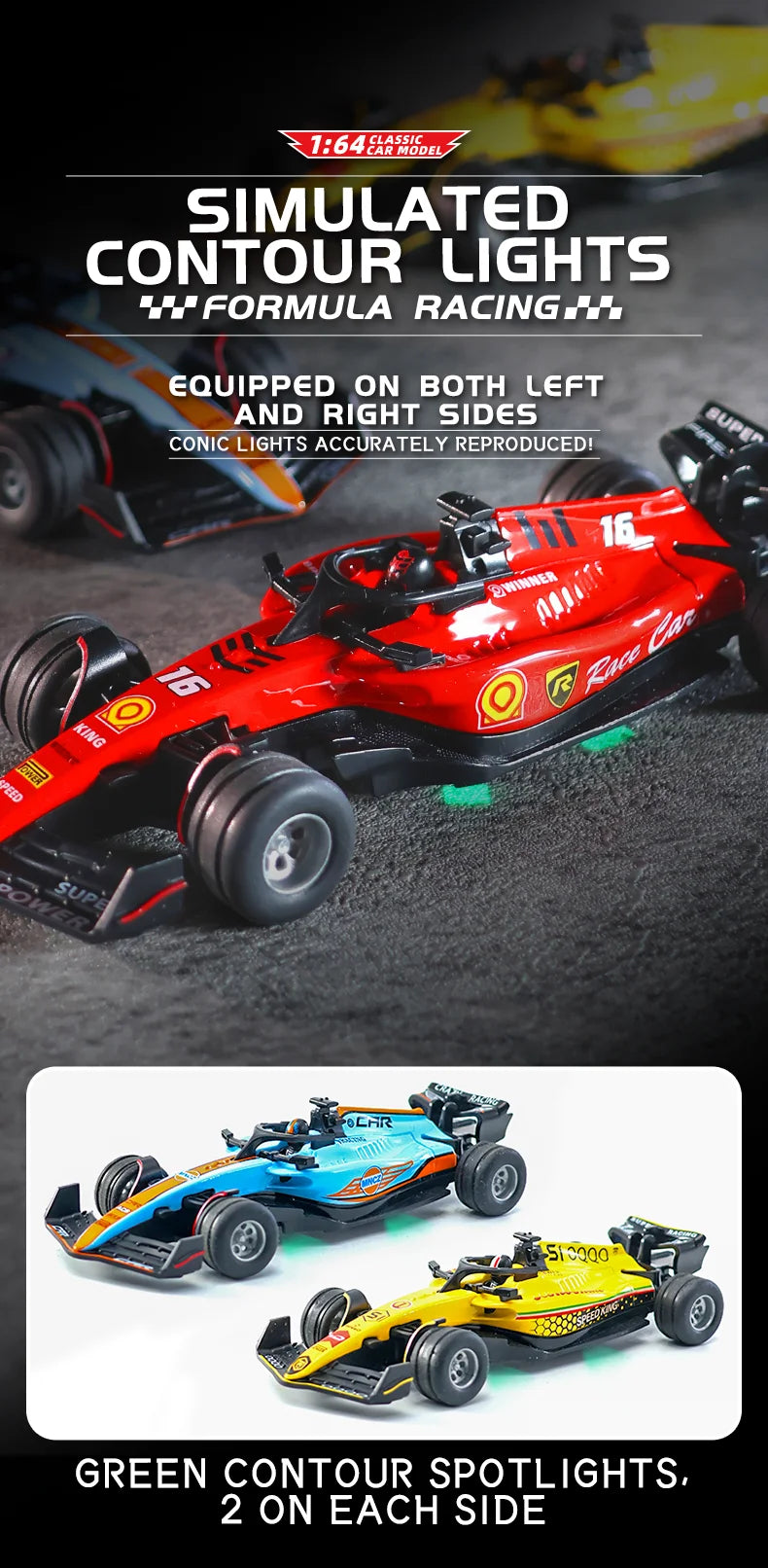 A red 1:64 formula racing car model equipped with simulated contour lights on both sides.