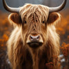 A close-up portrait of a Highland cow with long golden hair against a blurred, warm autumn background.