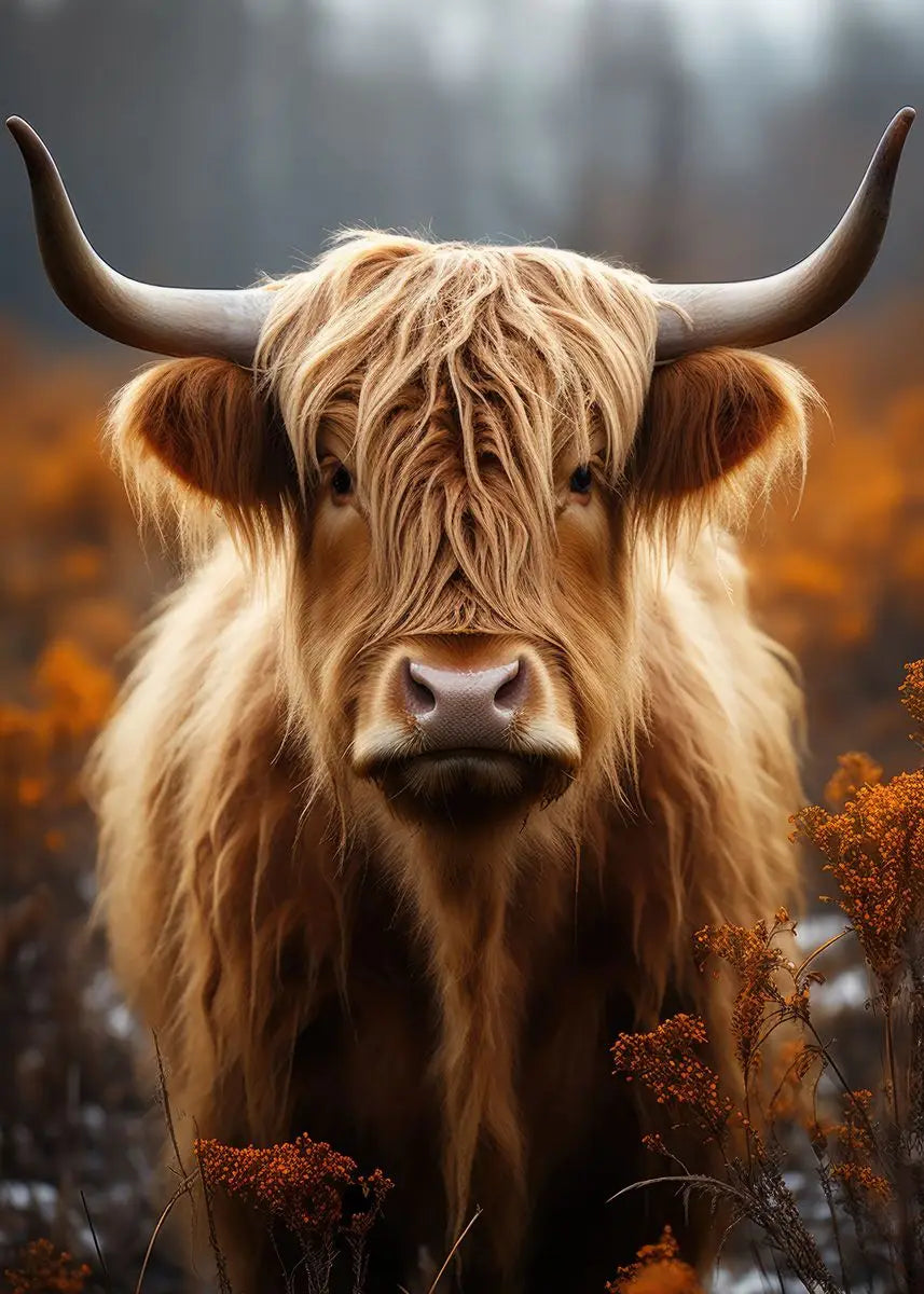A close-up portrait of a Highland cow with long golden hair against a blurred, warm autumn background.