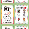 A set of letter sound cards showing Pp, Qq, Rr, Ss, and Tt with corresponding pictures for learning.