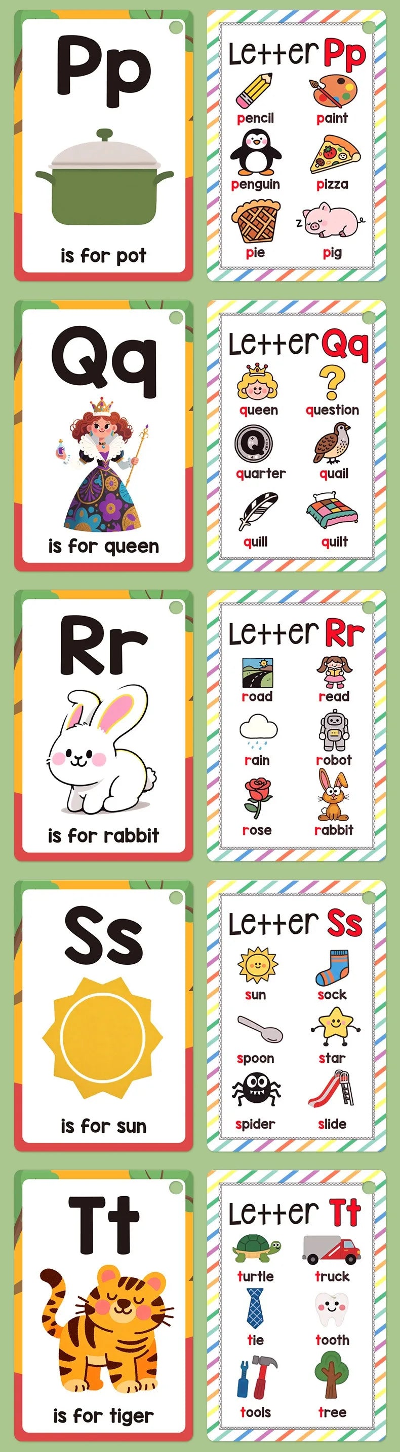 A set of letter sound cards showing Pp, Qq, Rr, Ss, and Tt with corresponding pictures for learning.