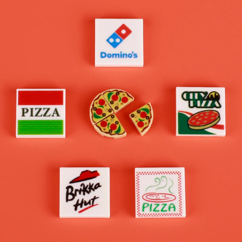 A collection of building blocks featuring Domino's, pizza, and brick-built food items.