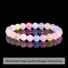 A bracelet made of dyed color high quality Morgan chalcedony beads in various shades of pink and blue.