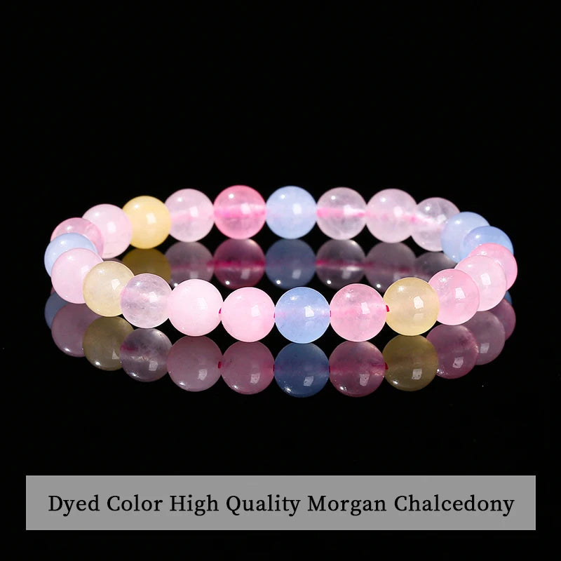 A bracelet made of dyed color high quality Morgan chalcedony beads in various shades of pink and blue.