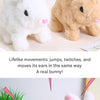 A fluffy white rabbit plush toy with pink inner ears is shown in a close-up view.