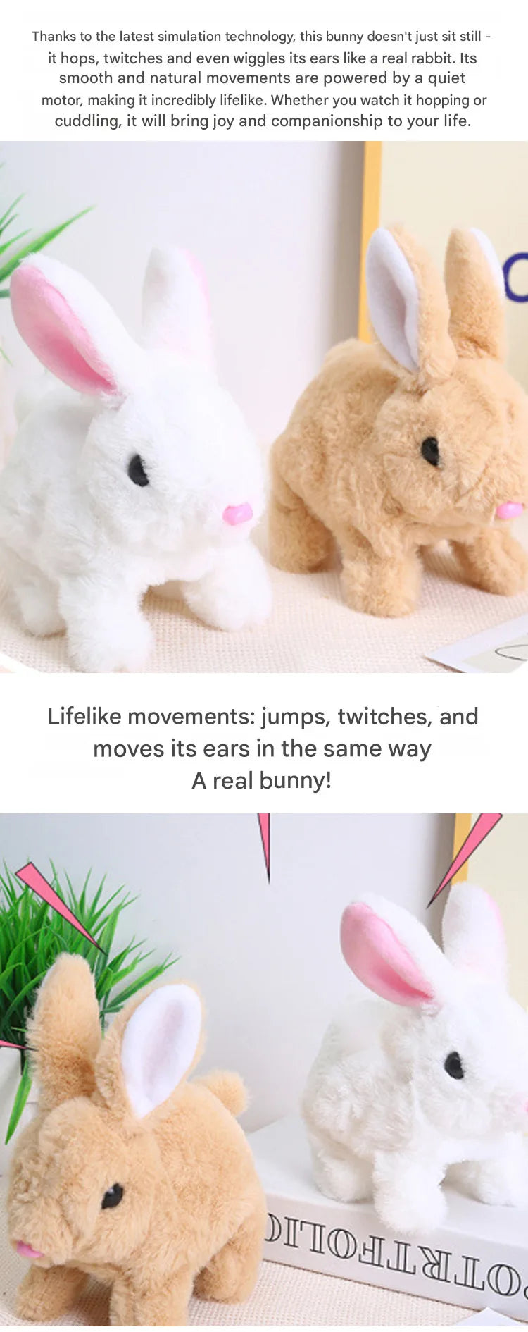 A fluffy white rabbit plush toy with pink inner ears is shown in a close-up view.