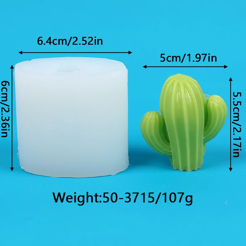 A white silicone mold shaped like a cactus or succulent, shown next to its dimensions and weight.
