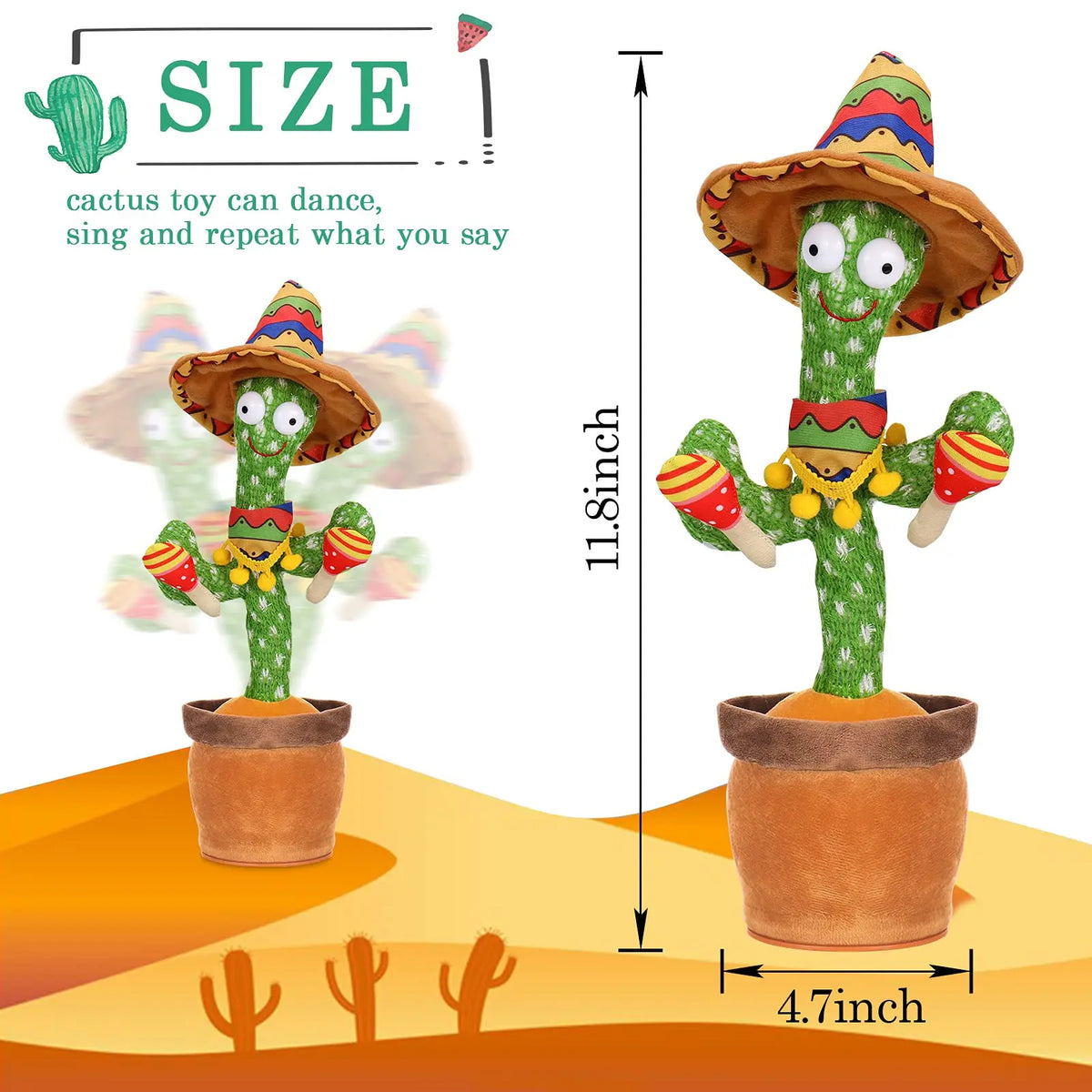 A green cactus toy with a sombrero dancing and singing, shown next to its pot.