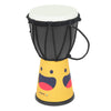 A yellow hand drum with a black body and white top, resembling a traditional djembé.
