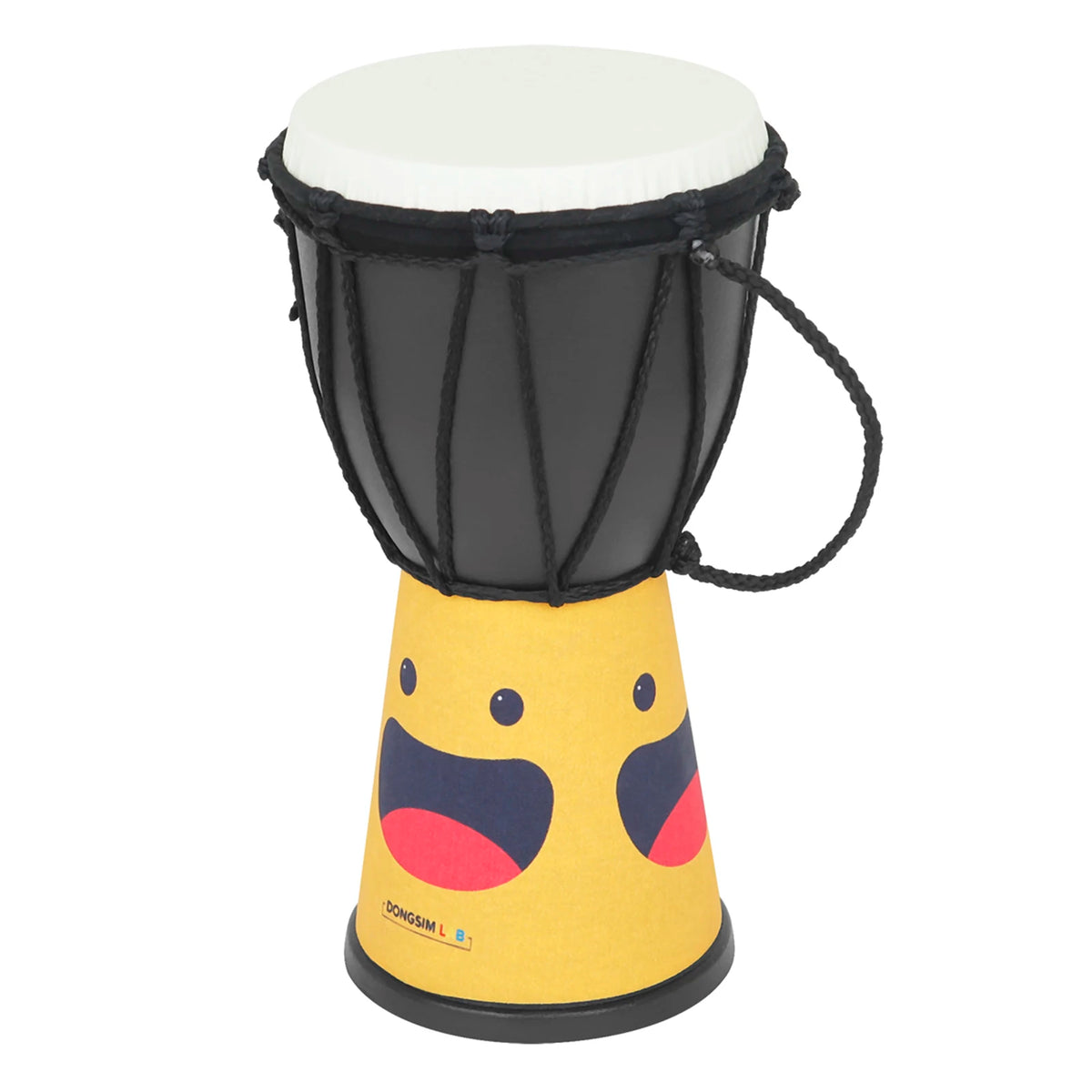 A yellow hand drum with a black body and white top, resembling a traditional djembé.