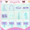 A set of colorful bendable chenille craft stems and bows for dragonfly decorations.