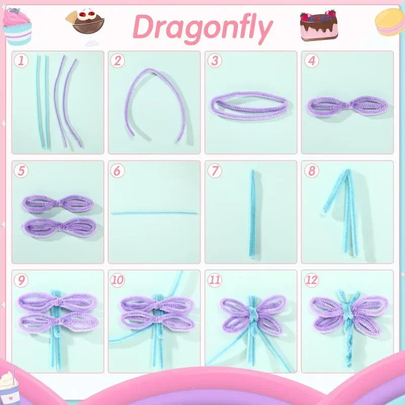 A set of colorful bendable chenille craft stems and bows for dragonfly decorations.