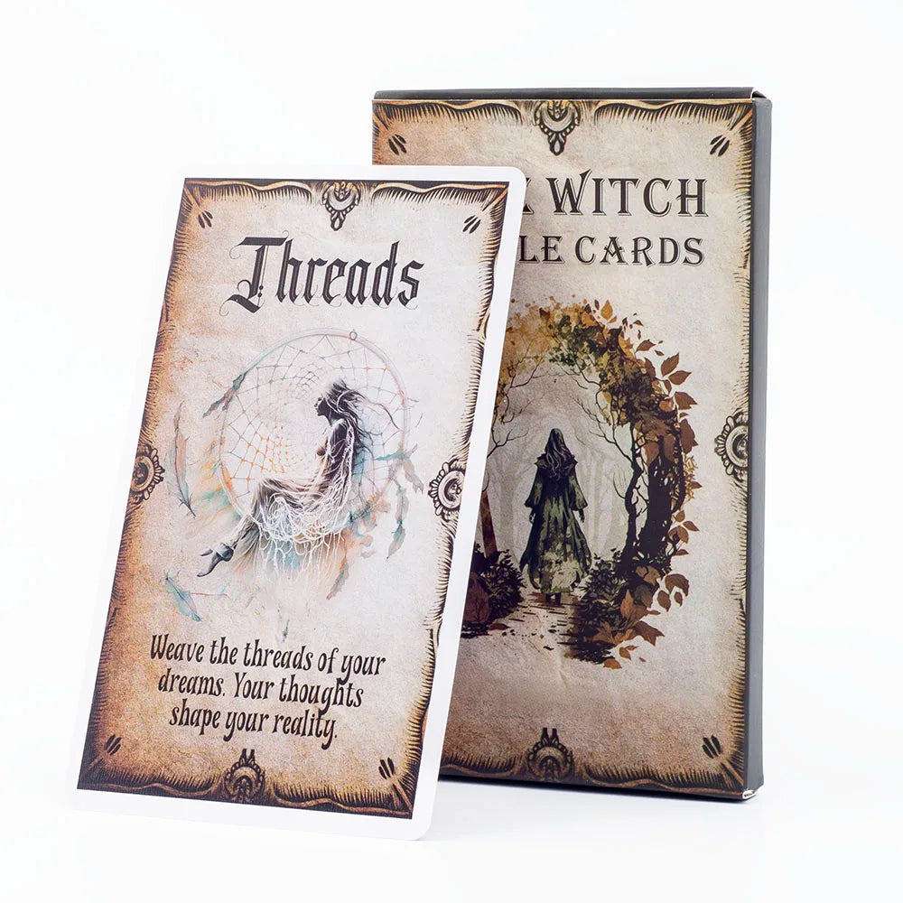 A deck of Threads oracle cards featuring mystical imagery and text on a dark background.