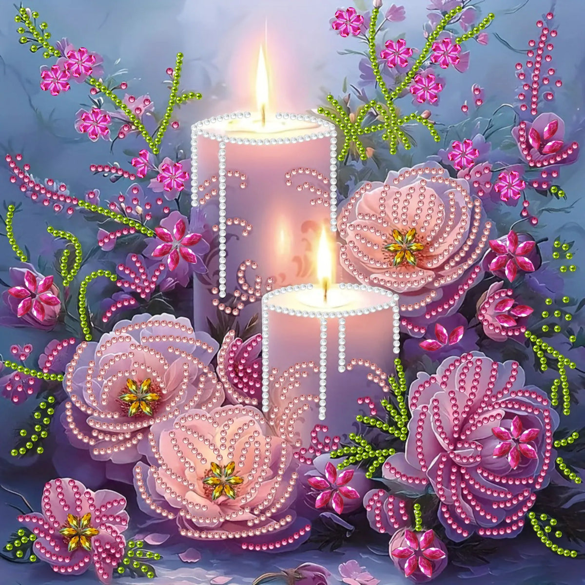 A close-up of a candlelit floral arrangement featuring pink and purple flowers and beaded decorations.