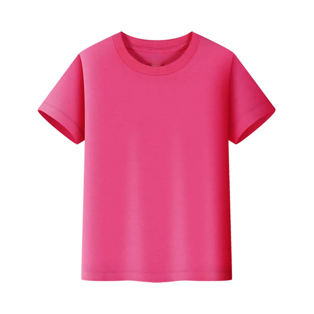 A bright pink short-sleeved t-shirt for kids.