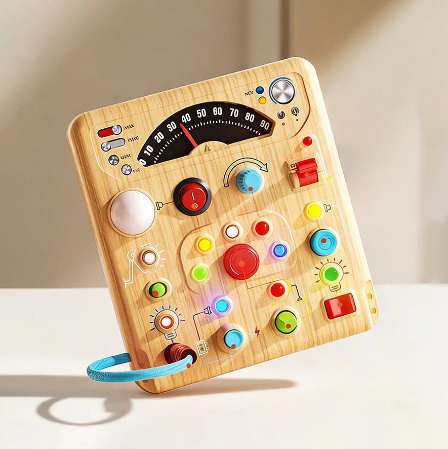 A wooden interactive circuit busy board featuring various lights, switches, and dials for educational play.