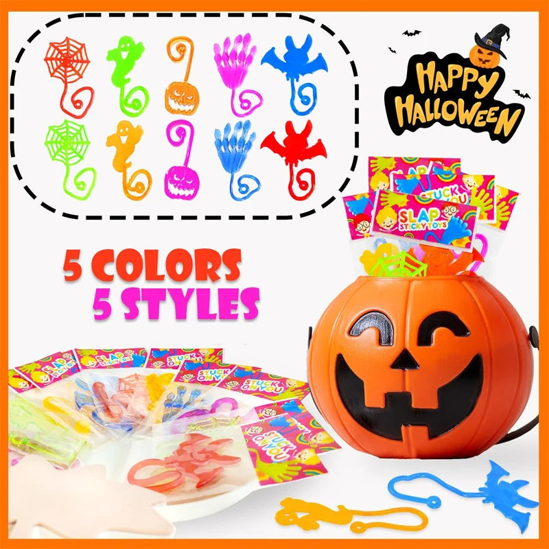 A set of five colored spider web toys and Halloween party favors displayed around an orange pumpkin.
