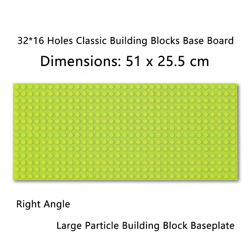 A green base board for 32x16 holes building blocks, used as a right angle large particle building block baseplate.