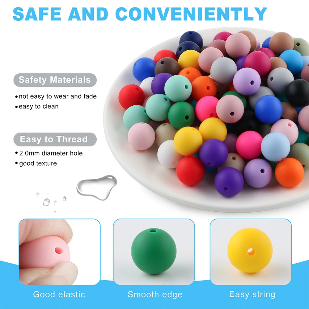 A pile of colorful round silicone beads for jewelry making and crafts, showing various colors like pink, blue, yellow, and pu
