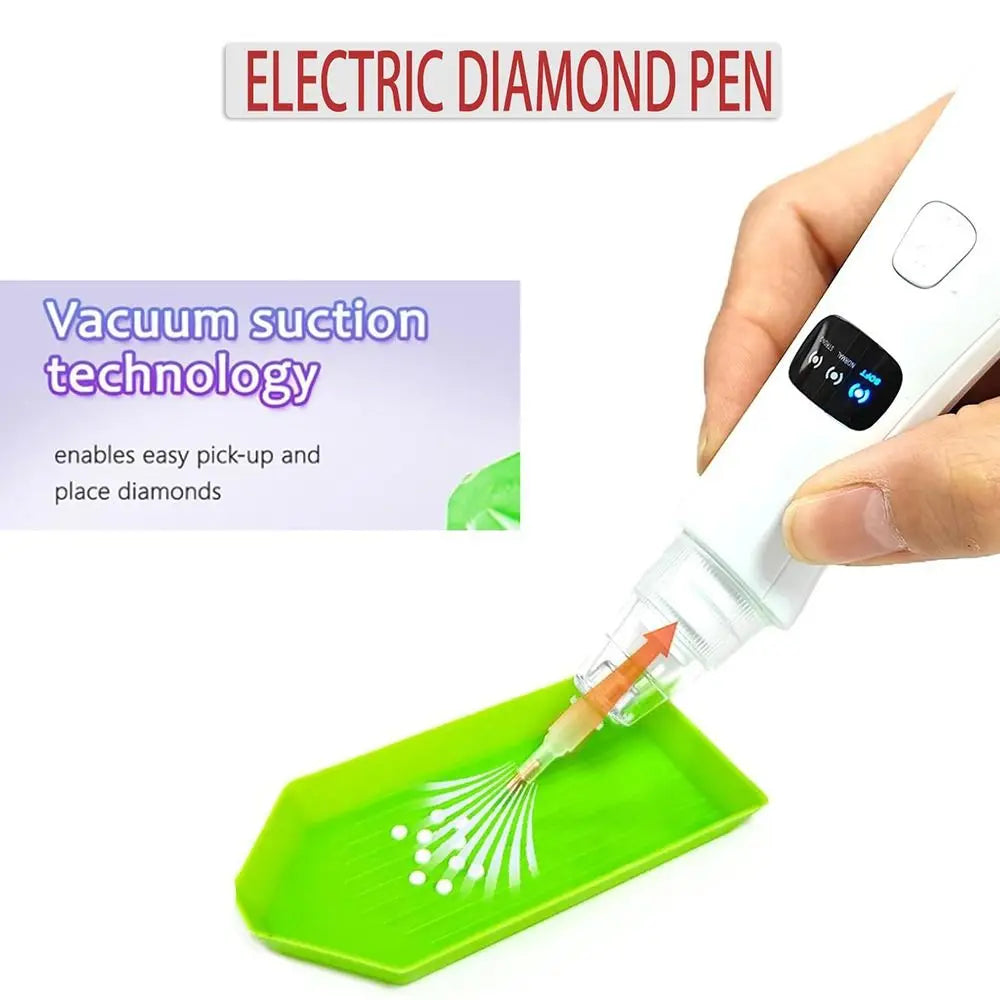 A hand holds an electric diamond pen, demonstrating vacuum suction technology for picking up and placing diamonds onto a gree