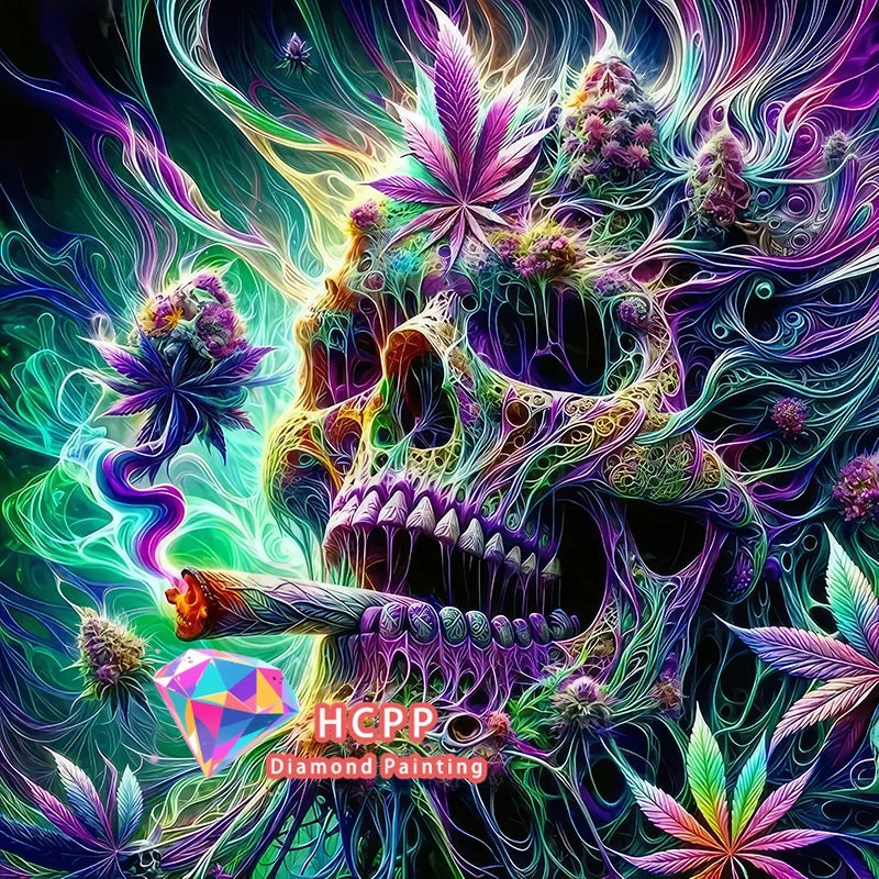 A vibrant diamond painting featuring a skull adorned with intricate floral and organic designs.