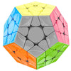 A colorful Megaminx speed cube with a hexagonal shape featuring various colored magnetic pieces.