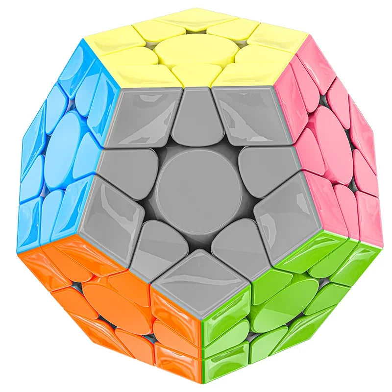 A colorful Megaminx speed cube with a hexagonal shape featuring various colored magnetic pieces.