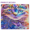 A diamond painting depicting a mystical cat face with vibrant purple, blue, and orange colors.