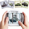 A hand holds a white rotating puzzle toy featuring four miniature vehicles: a battleship, a helicopter, a tank, and a militar