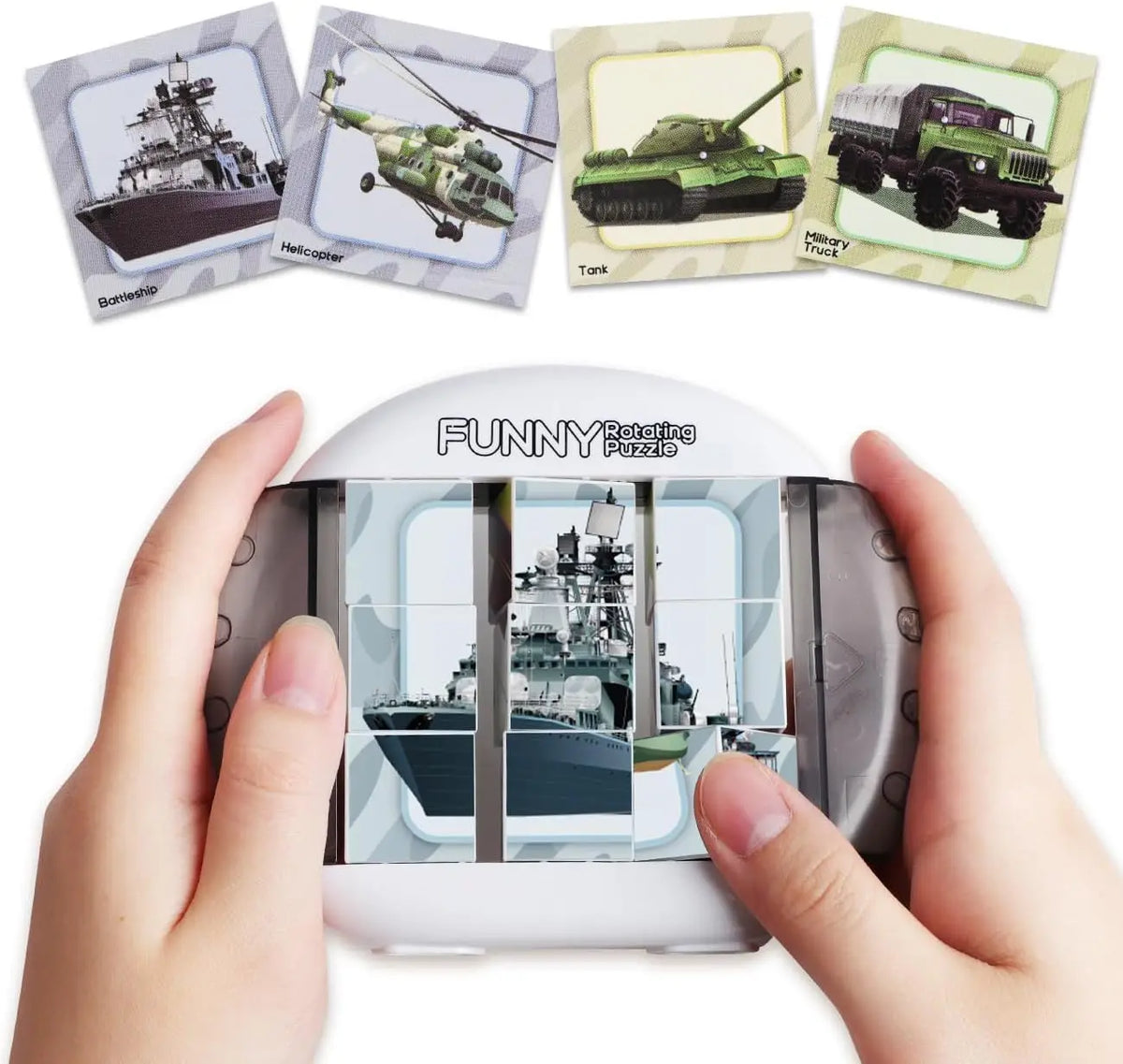 A hand holds a white rotating puzzle toy featuring four miniature vehicles: a battleship, a helicopter, a tank, and a militar