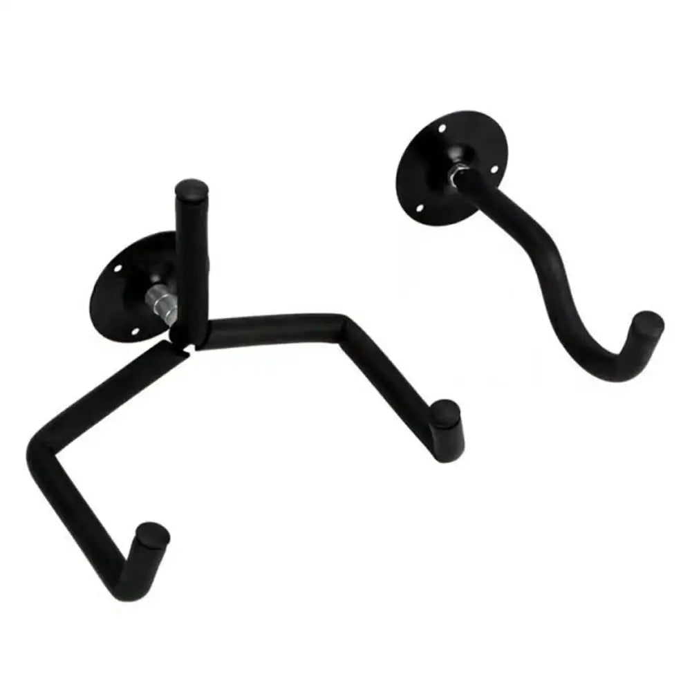 Black metal guitar wall mount hanger with a curved hook and mounting plate.