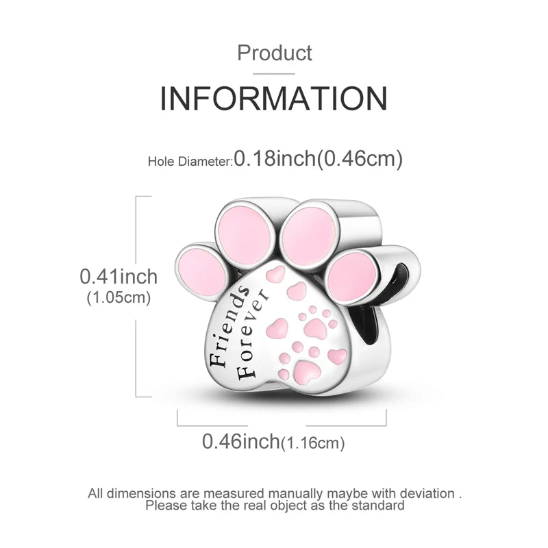 A silver heart charm with a paw print design, suitable for bracelets and necklaces.