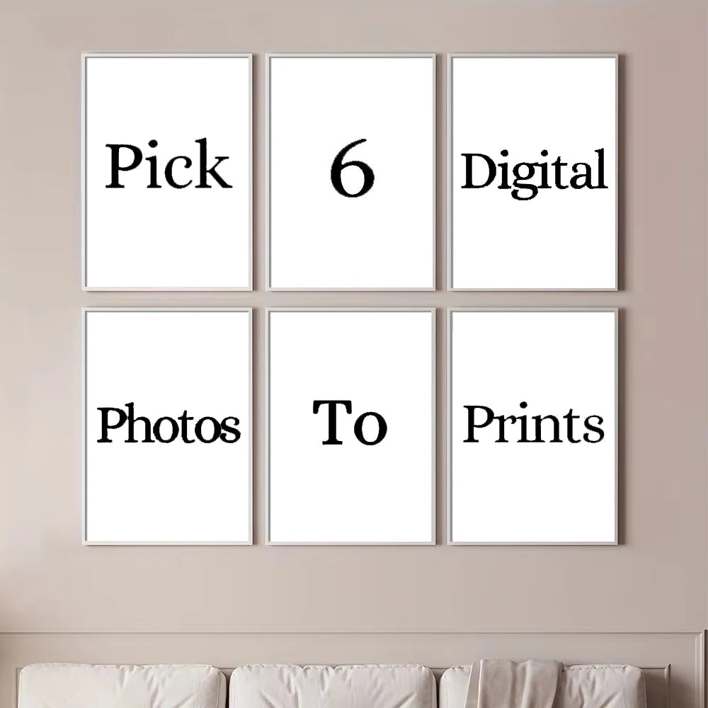 A set of four framed wall art prints with text like Pick 6 Digital Photos To Prints