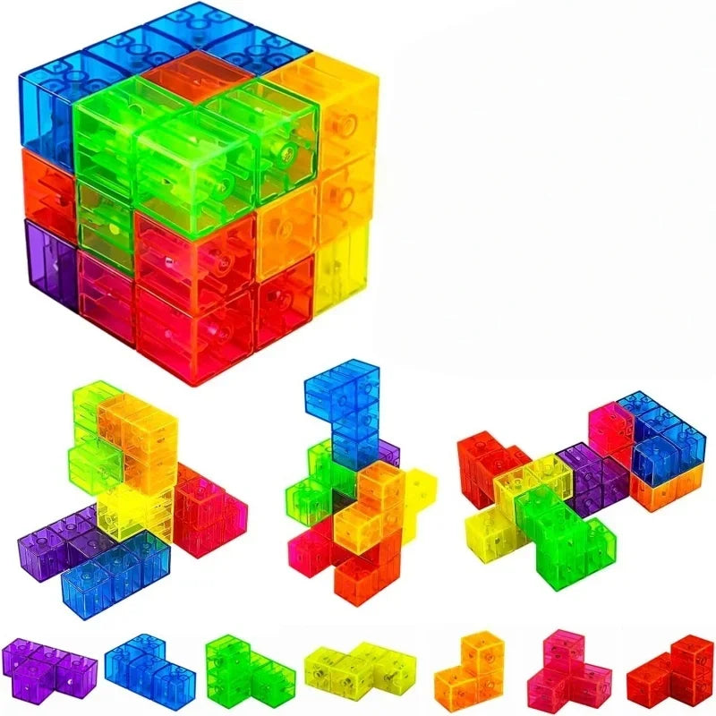 A collection of colorful magnetic 3D puzzle building blocks in various shapes and colors.