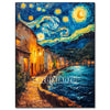 Diamond art painting of Van Gogh's Starry Night featuring swirling blue and yellow stars over a dark landscape.