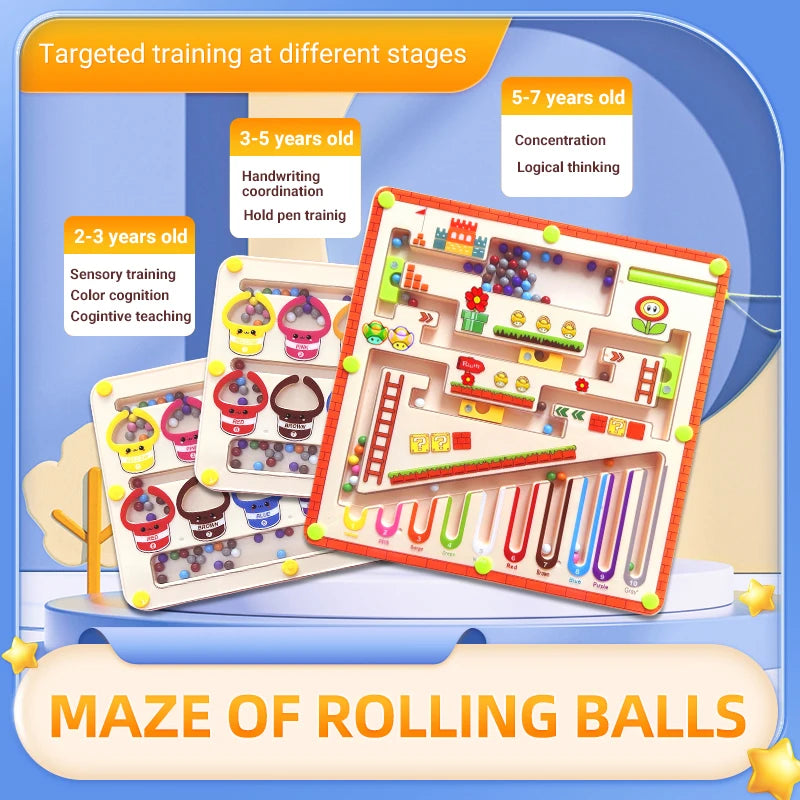 A magnetic maze bead puzzle board for children showing targeted training stages for different ages.