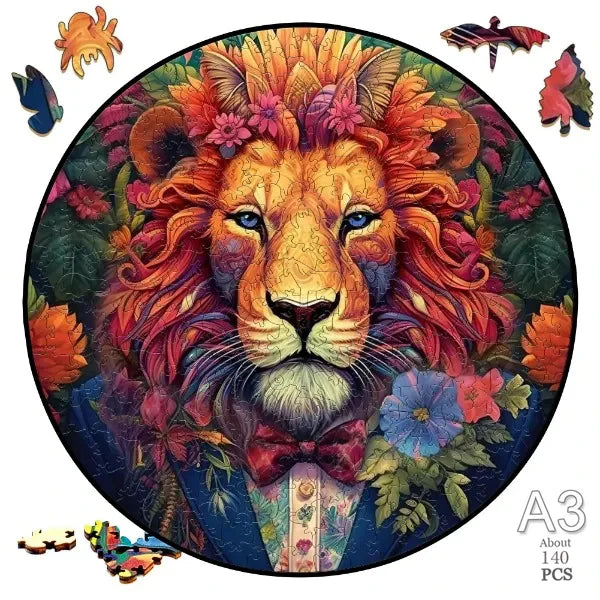 A circular jigsaw puzzle featuring a detailed, colorful painting of a lion's head.