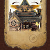 A detailed wooden miniature kit of an illuminated owl post office with furniture and puzzle elements.