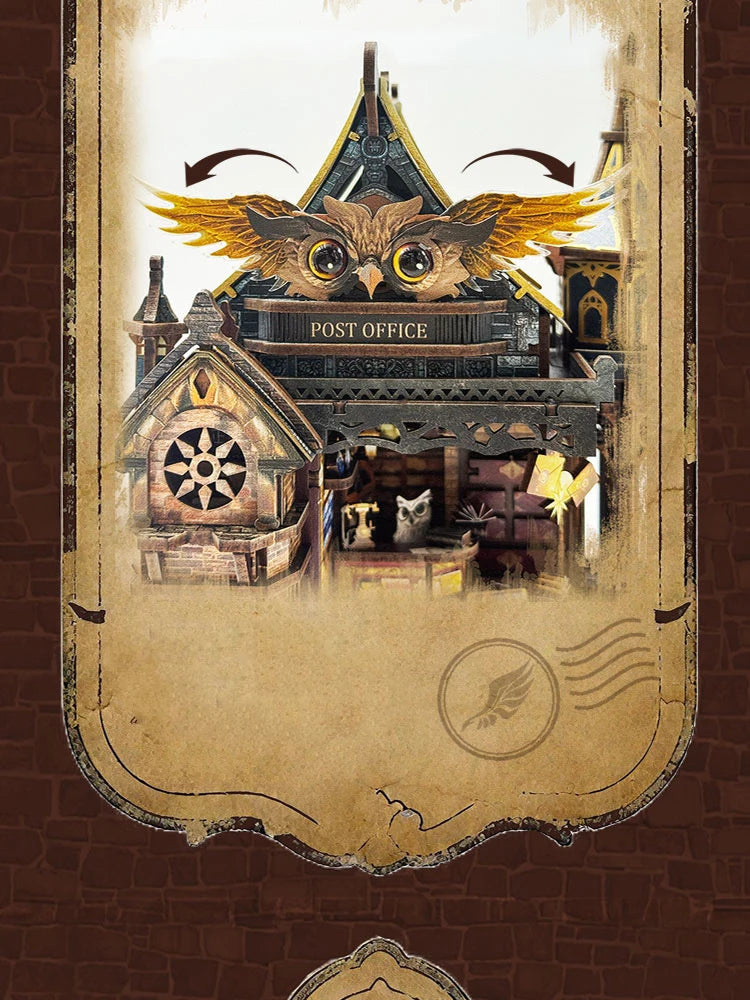 A detailed wooden miniature kit of an illuminated owl post office with furniture and puzzle elements.