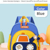 A blue and yellow cartoon digger truck backpack for children displayed against a light blue background.