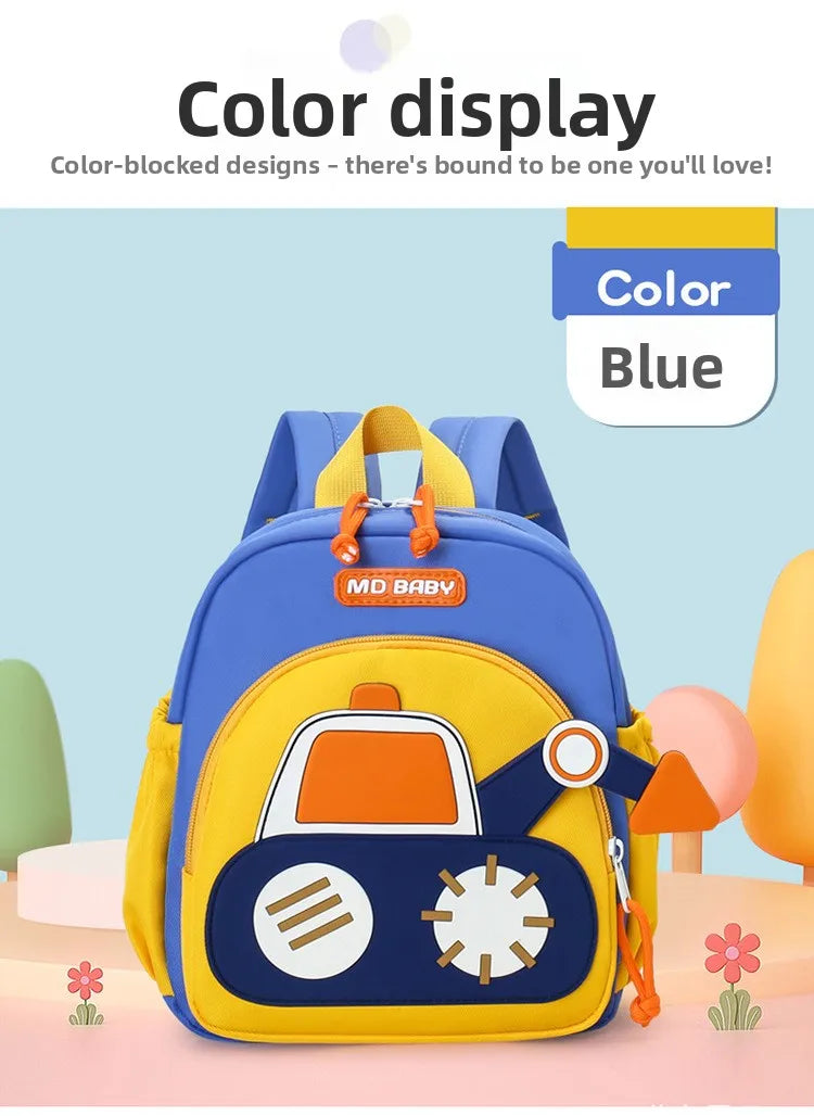 A blue and yellow cartoon digger truck backpack for children displayed against a light blue background.